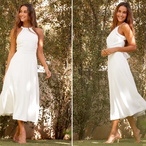 LULU's Bridal White Elegant Flowy Sexy Tie Back Chic Midi Dress NWOT - Picture 1 of 5